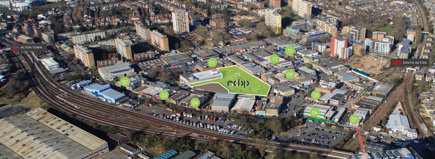 Aerial of North Chiswick Business Park new trade counter/warehouse development London W3