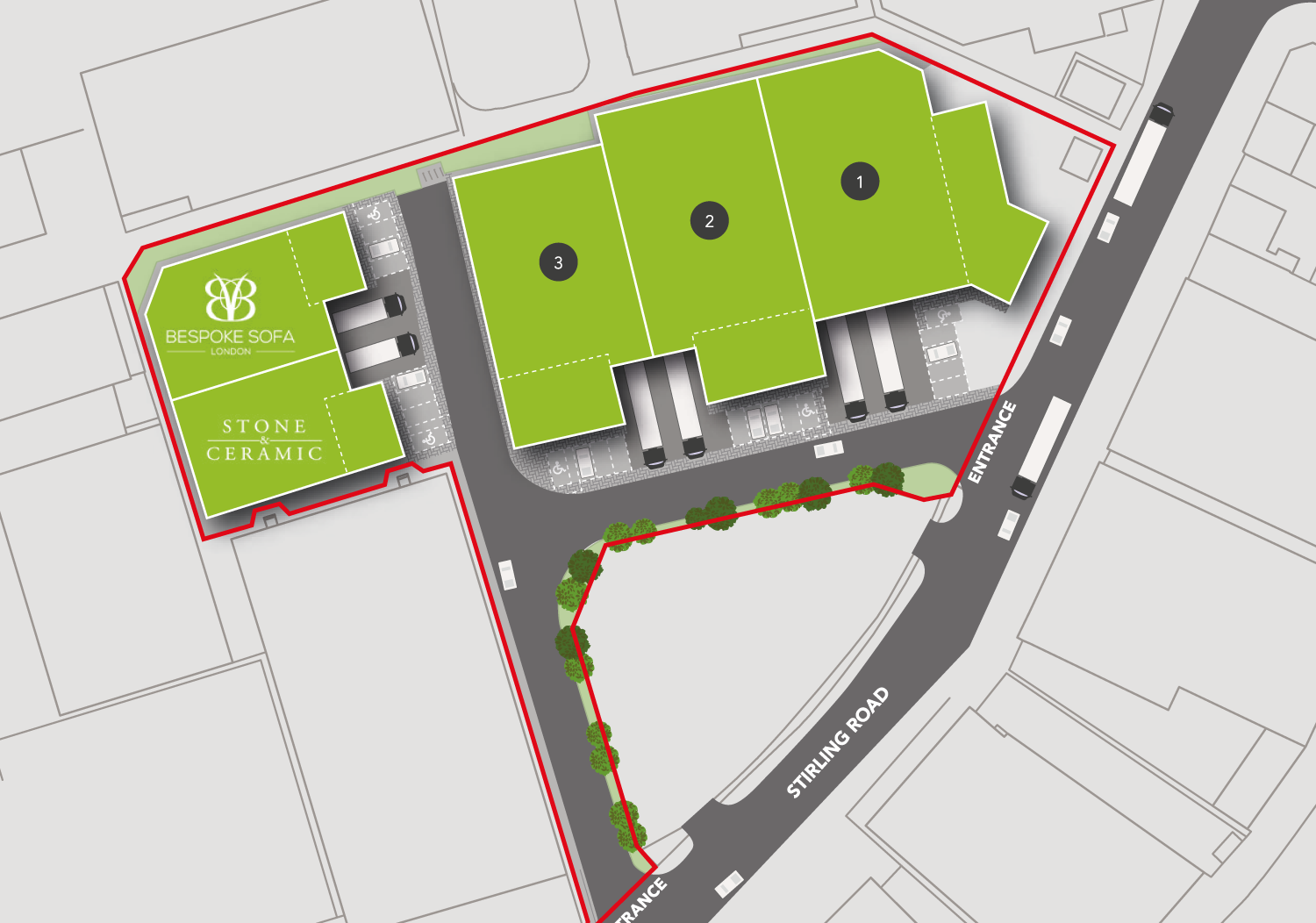 Site plan of North Chiswick Business Park new energy saving trade counter warehouse development
